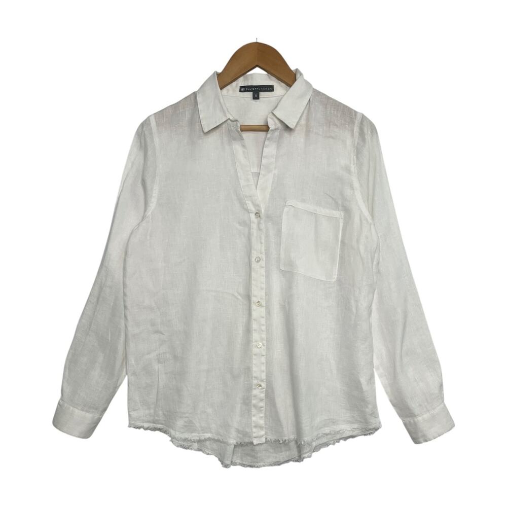 Elliott Lauren Top Womens 10 White Linen Button Up Casual Coastal Beach Light